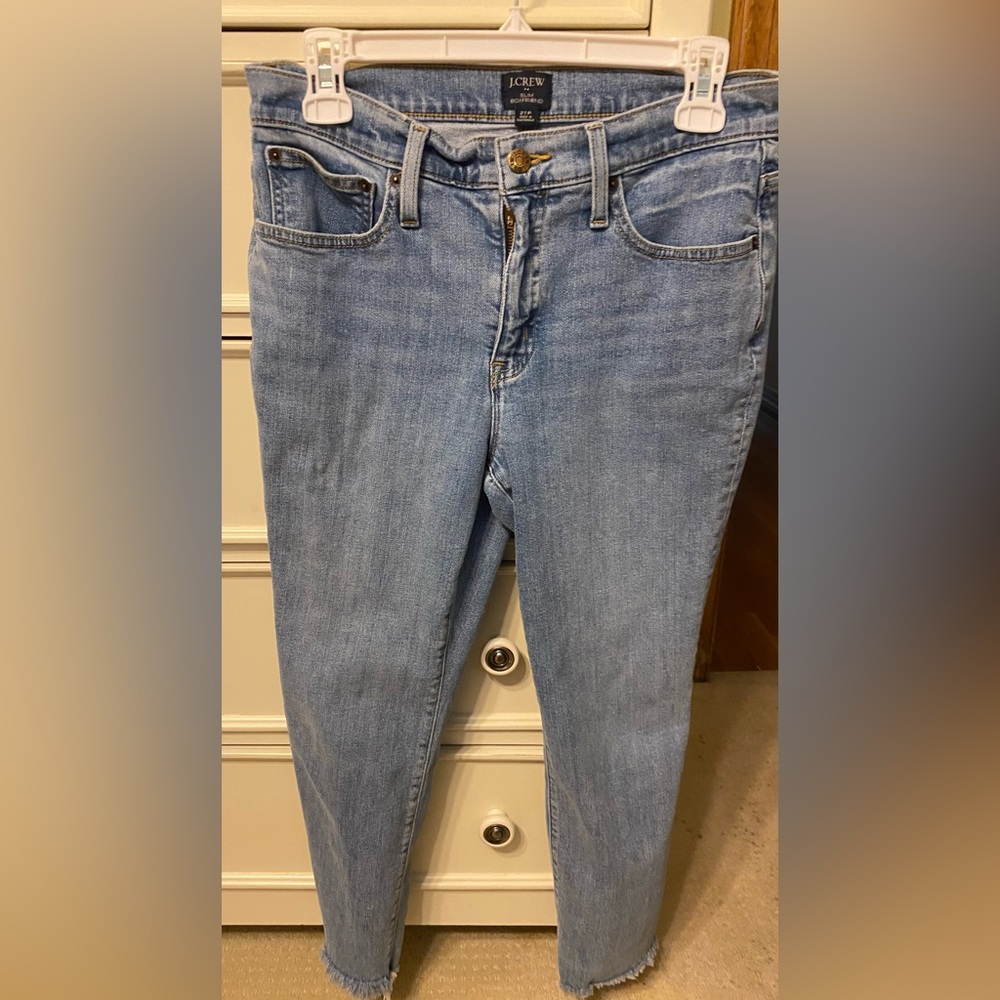Classic Blue J Crew Slim Boyfriend Jeans Sz 27P (Sz 4) Cropped Frayed Hem